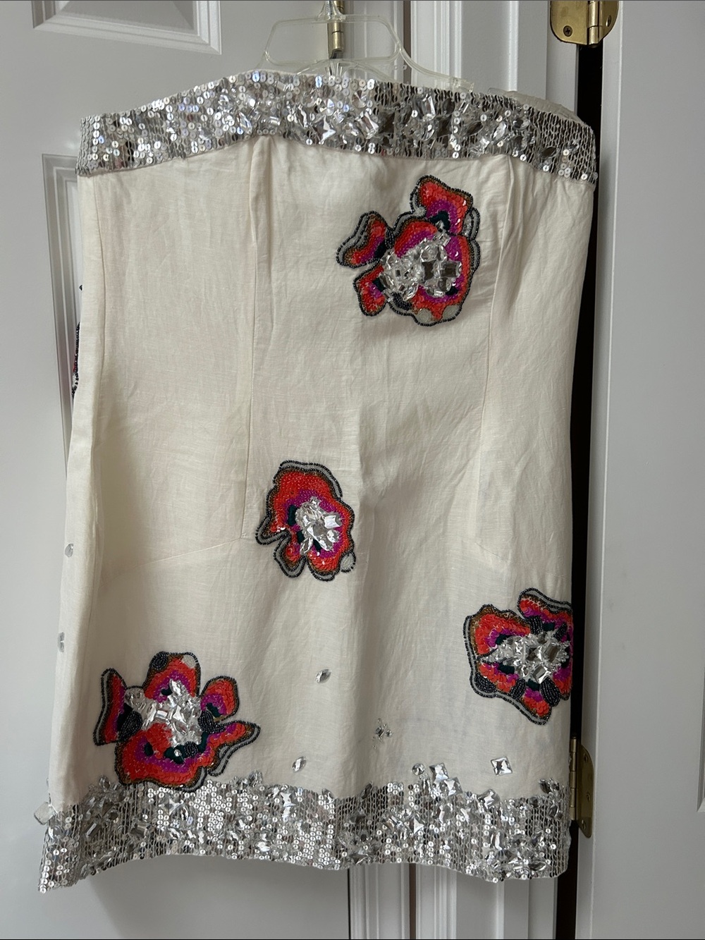 French Connection off white  Mini Dress with Pink and Red Sequin Flowers.